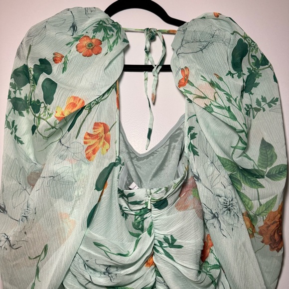 ASOS EDITION Curve ruched mini dress with puff sleeves in green floral print - Picture 8 of 11